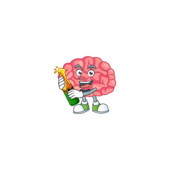 Mascot cartoon design of brain making toast with a bottle of beer