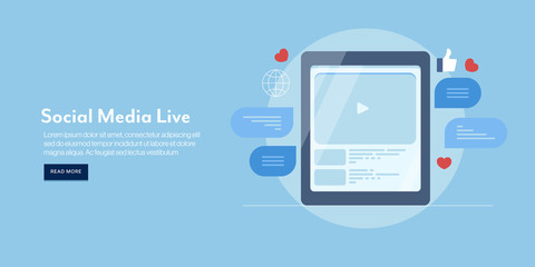 Live steaming on social network, video marketing and social media audience engagement concept. Flat design web banner with text.