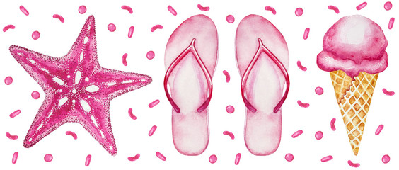 Set of watercolor illustrations in pink color. Starfish, flip flops, ice cream and confetti decor. - 341553916