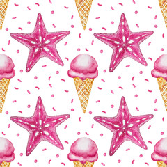 Seamless pattern. Pink watercolor ice cream in waffle cone and starfish on white background. Hand drawn illustration. - 341553926