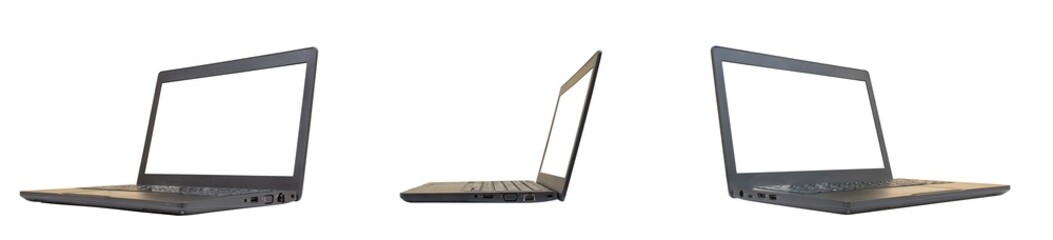 Group of Used black laptop isolated on white background.