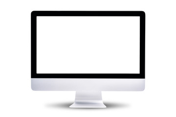 Desktop computer display with blank white screen isolated on white background.