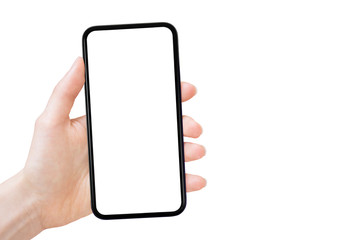 Business Communication Concept : Hand holding old black smartphone isolated on white background.