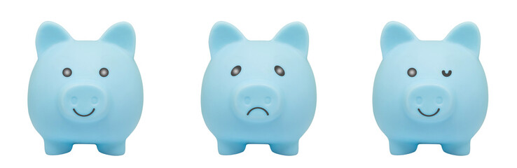 Group of Blue piggy bank in various face emotional isolated on white background.