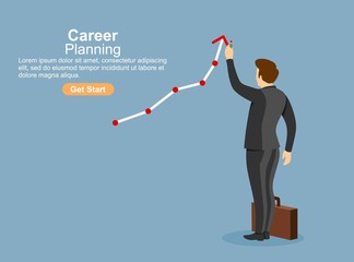 Career planning. Businessman draws graph of growth standing at stairs steps. Concept of career growth. Vector illustration flat design.