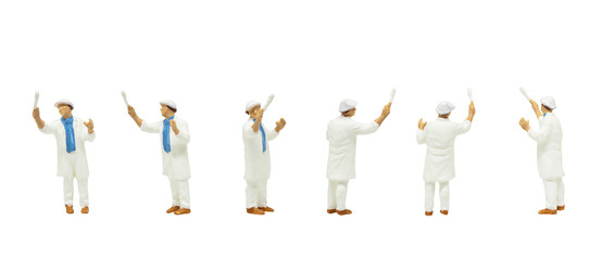 Miniature people character as painter standing and working in posture isolated on white background.