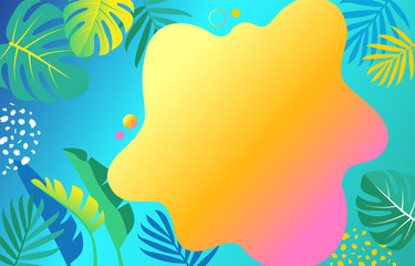 Fototapeta na wymiar Abstract liquid gradient spots with tropical leaves. Set with abstract elements for fashionable yellow, pink, orange, green, blue color design. Vector illustration on blue gradient background.