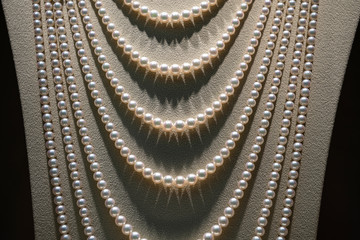 Beautiful pearl necklace on mannequin, close up