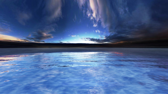 Sea Ocean Water Wave surface sky 3D illustration background.