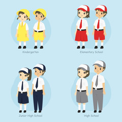 Indonesian students in Indonesian school uniform, cartoon vector set.	
