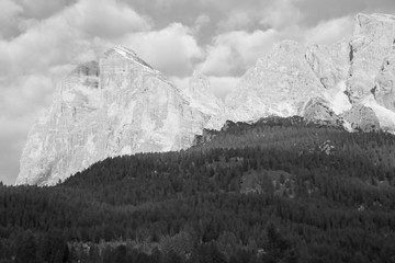 View of the Dolomites in Italy. In the foreground is a dense forest. Black and white photo. Selective focus.
