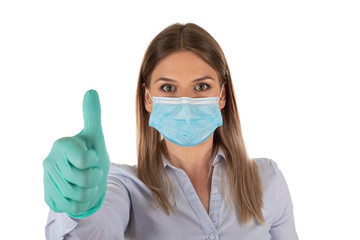 Woman with mask and gloves on isolated