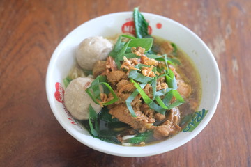 mie ayam or chicken noodle with bakso or meatball