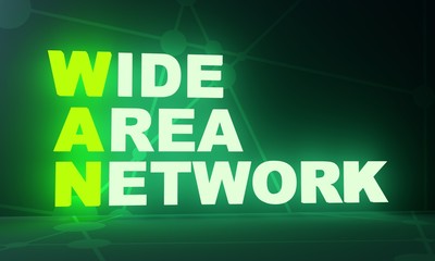 WAN - Wide Area Network acronym. Technology concept background. 3D rendering. Neon bulb illumination