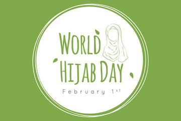 	
Happy world hijab day. Silhouette of a Muslim woman wearing hijab in white circle, isolated in green background. February 1st international day celebration vector design.