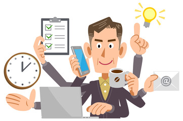 在宅勤務で次々に仕事を片付けるシニアのビジネスマン
