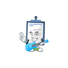 Happy face of medical note cartoon plays music with a guitar