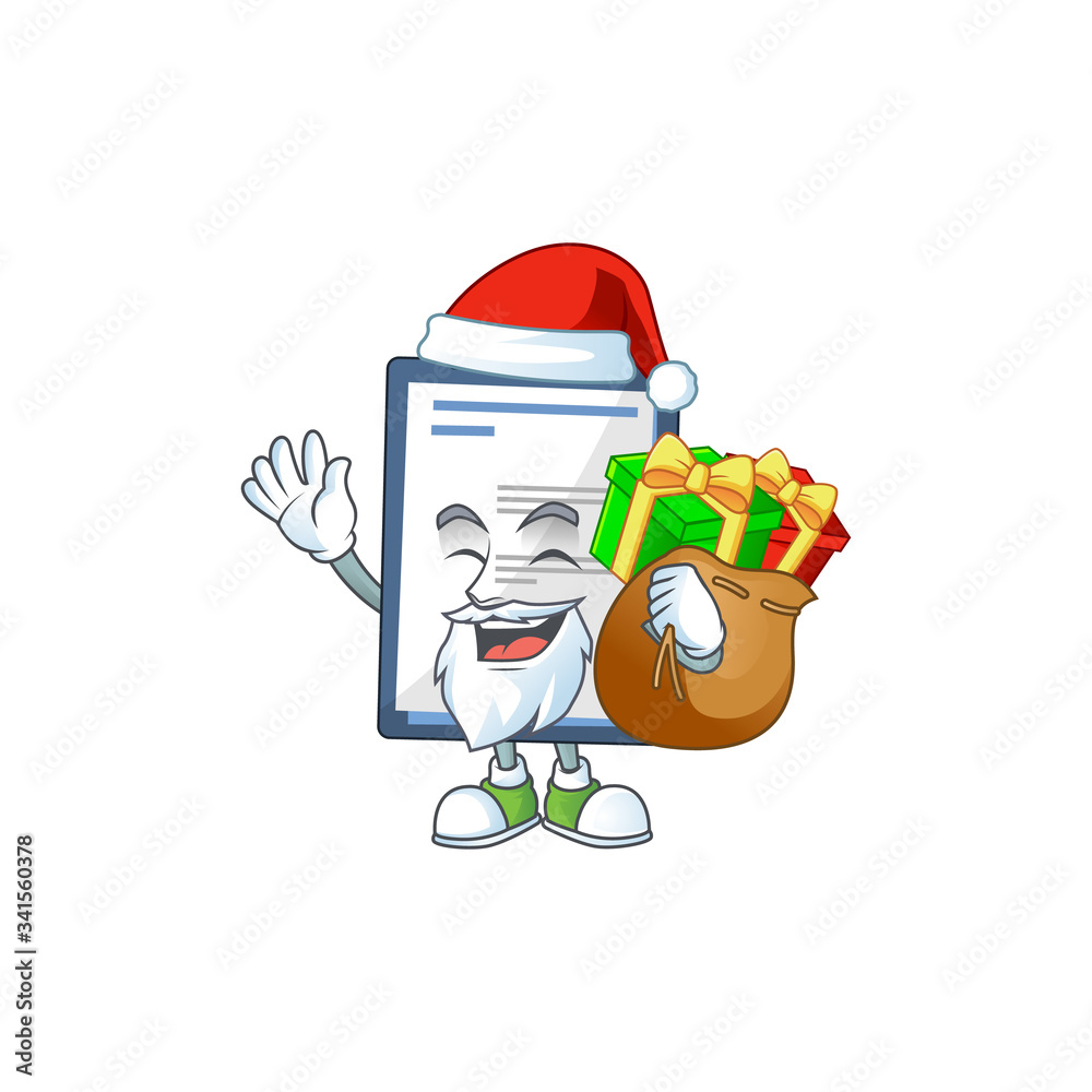 Sticker santa medical note cartoon character design with sacks of gifts