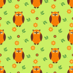 Seamless pattern with cute cartoon owl. Vector illustration on a flat style.