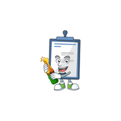 Mascot cartoon design of medical note making toast with a bottle of beer