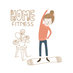 At home fitness, a girl does exercise at home. Great illustration during quarantine. 