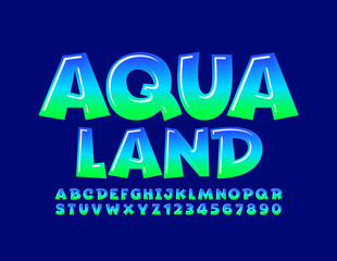 Vector creative banner Aqua Land. Gradient Blue and Green Font. Glossy Alphabet Letters and Numbers