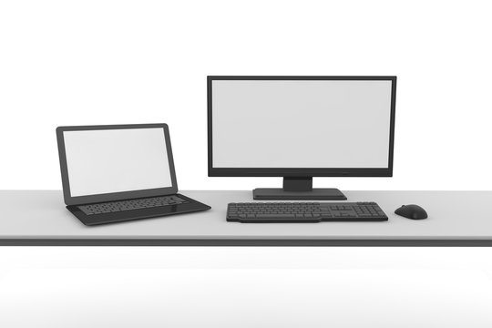 Computer on the desk. Use a personal computer for telework. Use two computers. 3D rendering