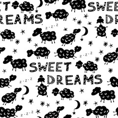 Seamless pattern with cute sleeping sheep. Design for children's clothing, fabric, textiles, children's room decoration, wrapping paper. Vector illustration