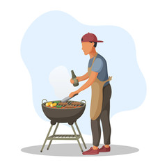 Young man grills meat and vegetables on fire. Barbecue party. Vector illustration.