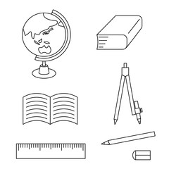Illustration set of stationery such as pencil, dictionary, notebook (Monochrome)