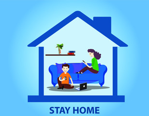 Stay at home theme for protect you and your family from covid 19 virus. Victor illustration of people are working from home and stay safe from corona virus. Home icon with people for safety awareness.