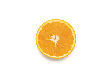 Top view close up of cut orange in white background isolated with seed