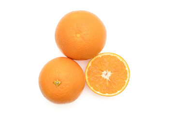 Group of fresh whole and cut orange isolated on white background. From top view