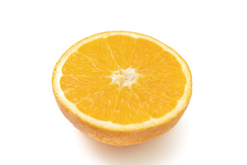 Side view close up of cut orange in white background isolated
