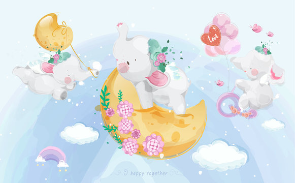 A cute little Elephant in colorful watercolor style Set. © Sine9999