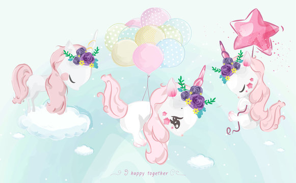 A cute little Unicorn in colorful watercolor style Set. © Sine9999