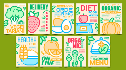 Healthy Organic Food Advertise Posters Set Vector. Collection Of Promo Banners With Asparagus And Pumpkin, Orange And Strawberry, Porridge And Eggs. Concept Template Stylish Colorful Illustrations