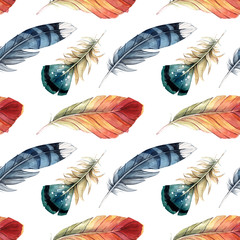 Seamless pattern of different watercolor feathers. Colored feathers of different birds on a white background