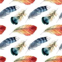 Lichtdoorlatende gordijnen Aquarel veren Naadloze patroon van verschillende aquarel veren. Gekleurde veren van verschillende vogels op een witte achtergrond