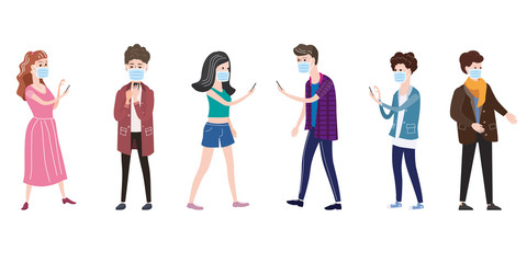 Set characters young people wearing medical face masks protect themselves from COVID-19 coronavirus outbreak spreading