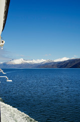 Breathtaking panoramic view of mountains and glaciers along Beagle Channel in Glacier Alley...