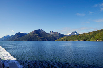 Breathtaking panoramic view of mountains and glaciers along Beagle Channel in Glacier Alley...