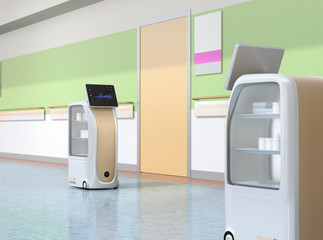Medical delivery robots working in hospital. Infection prevention concept. 3D rendering image.
