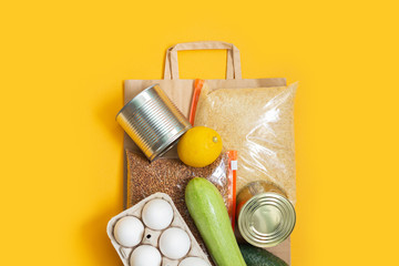 Food supplies on Paper bag. Donation, Food delivery,