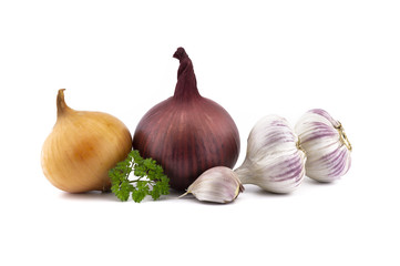 Garlic bulbs, cloves and red yellow onion on white