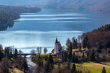 Bridge and Church of St. John the Baptist  at Bohinj lake