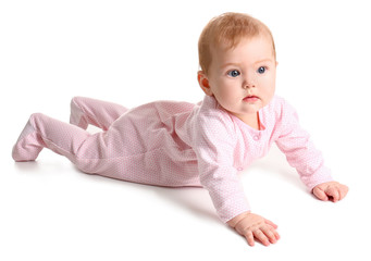 Fototapeta premium Cute baby in stylish clothes on white background