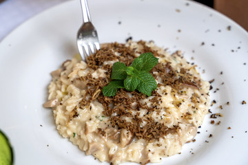 Risotto with shaved black truffle on a white plate. Selective focus.