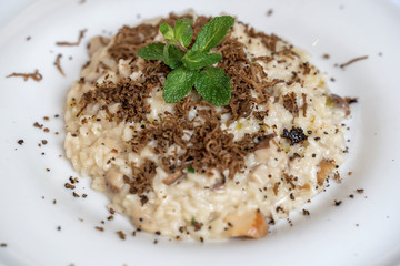 Risotto with shaved black truffle on a white plate. Selective focus.