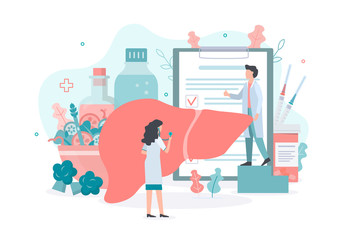 The health of the liver. Doctors carry out diagnostics, vaccination and healthy nutrition. Medical concept. Flat vector.